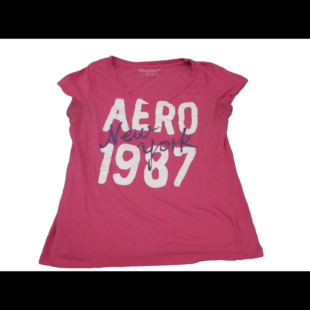 Aeropostale Girls Pink Short Sleeve V Neck T Shirt Size XL Aero New York 1987